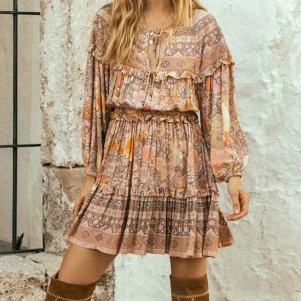 Gypsy Boho Floral Champagne And Pink Dress - Picture 12 of 14